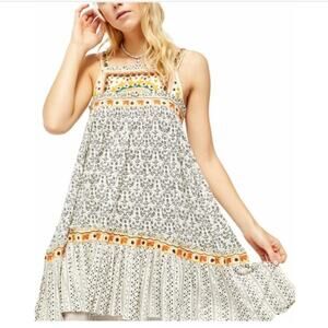 Free People Printed Embroidered Boho Trapeze Dress
